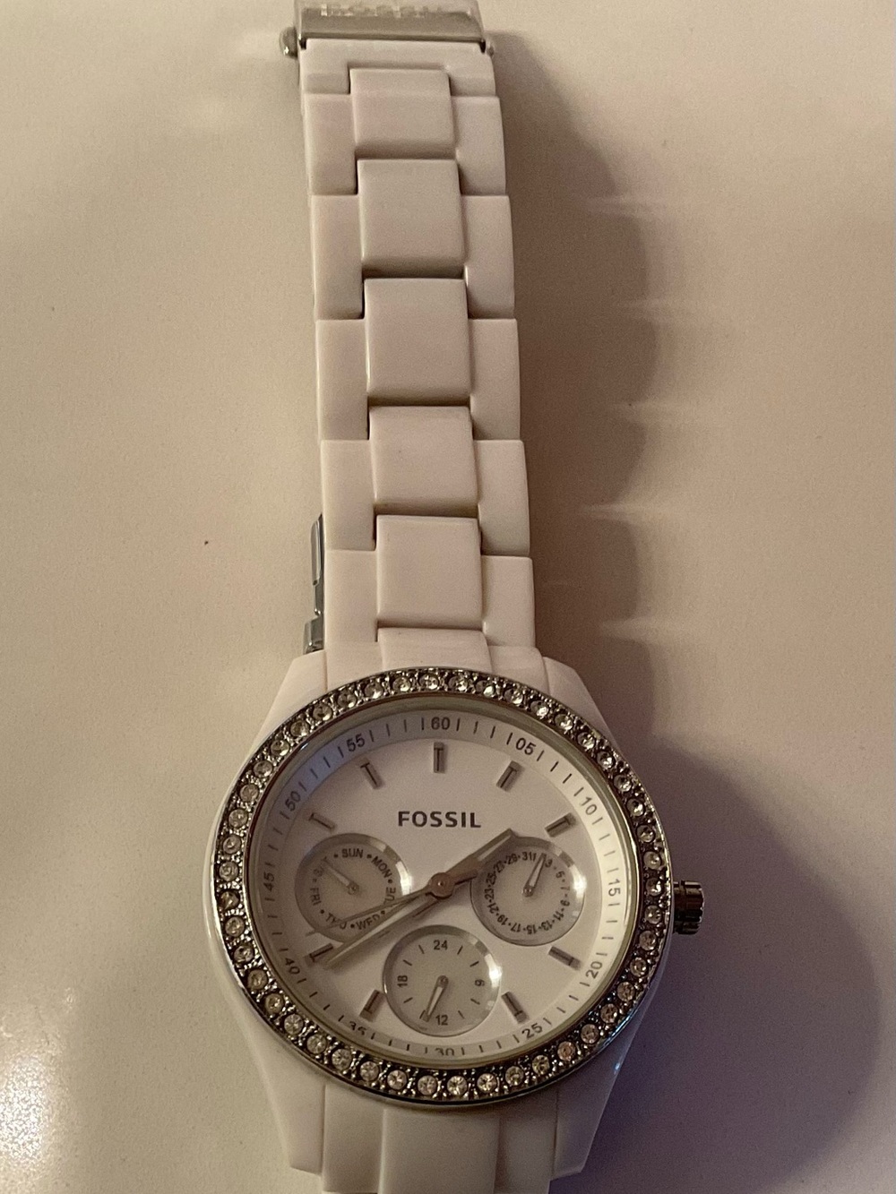 Fossil Women's White Ceramic Watch with Crystal Bezel